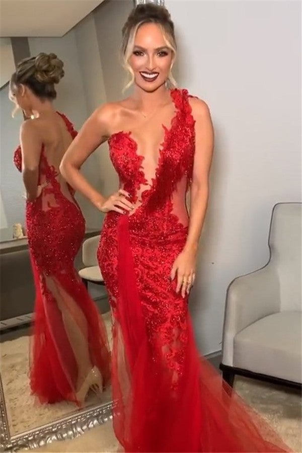 Hermoso vestido de fiesta largo de sirena con un solo hombro, de encaje rojo, sin espalda