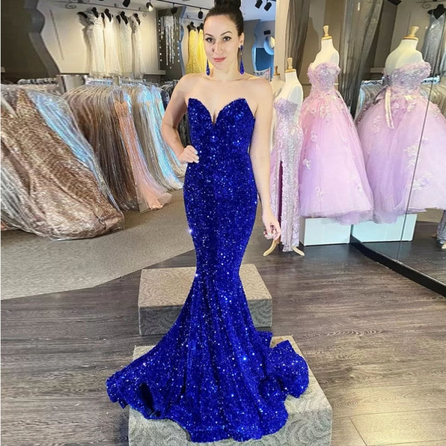 Bellissimo Abito da Sera Lungo a Sirena Senza Maniche con Paillettes