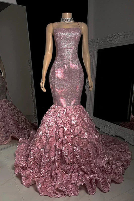 Belle robe de bal longue sirène sans manches à fines bretelles