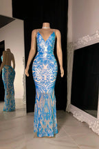 Belle robe de bal longue sirène sans manches à col en V et dos nu