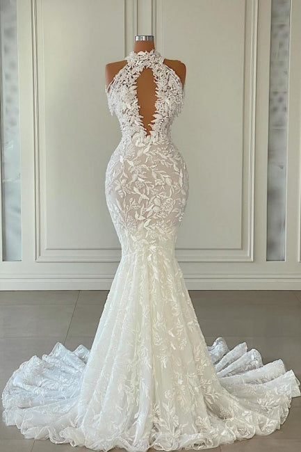 Hermoso vestido de novia largo de sirena sin mangas con encaje