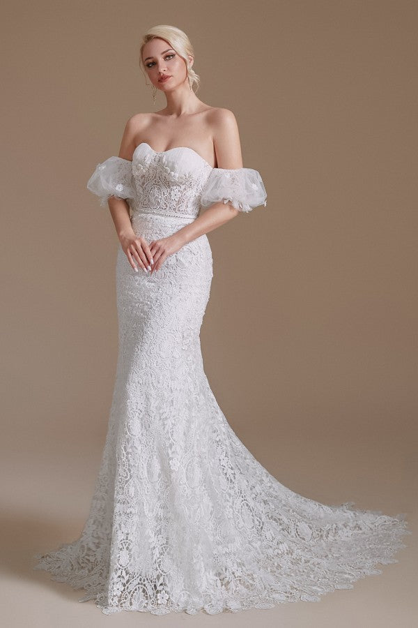 Magnifiques robes de mariée longues sirène à décolleté cœur en dentelle avec manches amovibles