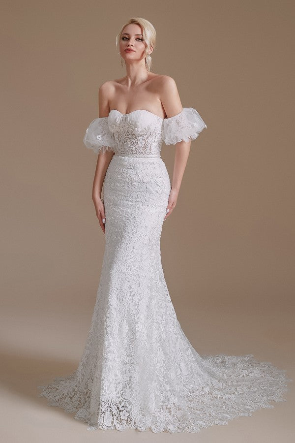 Magnifiques robes de mariée longues sirène à décolleté cœur en dentelle avec manches amovibles