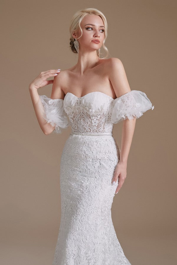 Magnifiques robes de mariée longues sirène à décolleté cœur en dentelle avec manches amovibles