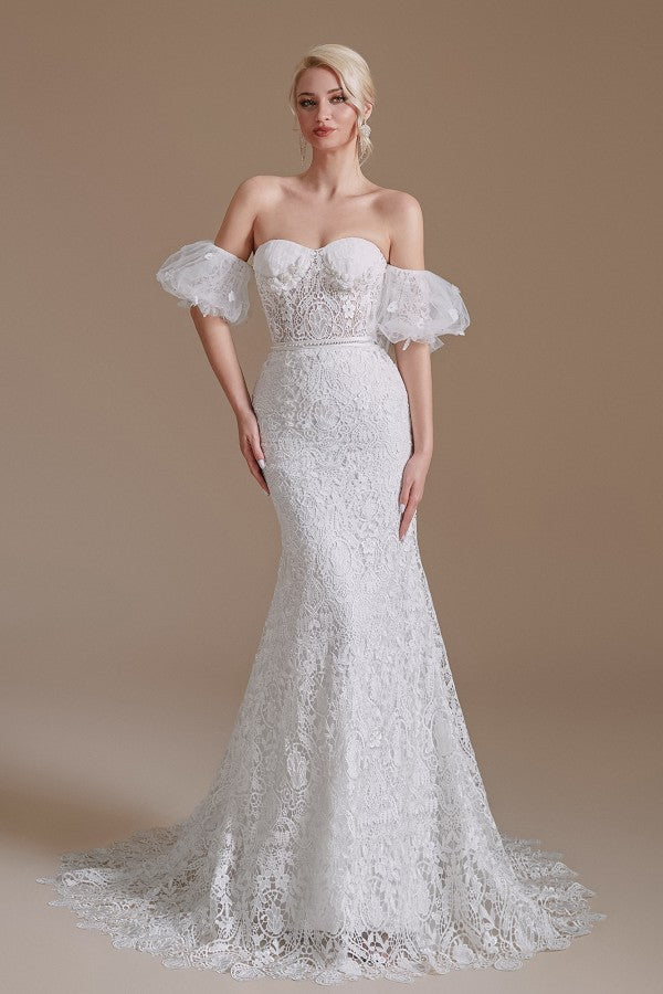 Magnifiques robes de mariée longues sirène à décolleté cœur en dentelle avec manches amovibles