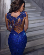 Wunderschönes langes Meerjungfrau-Abendkleid mit Herzausschnitt und Pailletten, rückenfrei