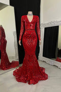 Belle robe de bal longue sirène à col en V avec manches longues
