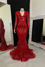 Belle robe de bal longue sirène à col en V avec manches longues