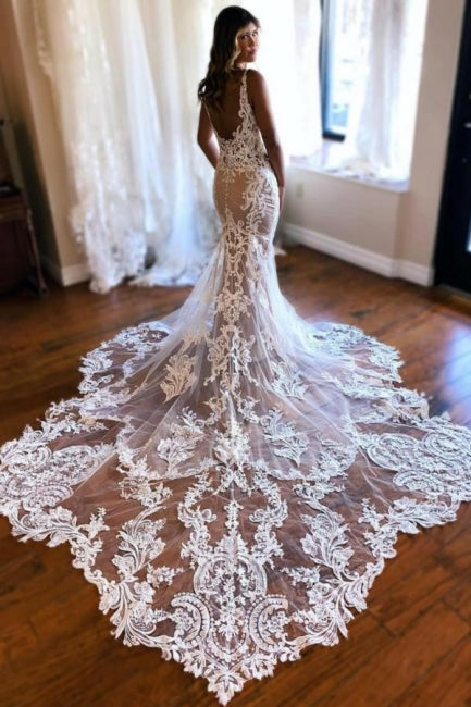 Wunderschönes langes Meerjungfrau-Brautkleid mit V-Ausschnitt, ärmellos, rückenfrei, Spitze und Schleppe