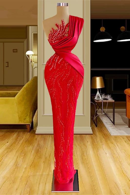 Bellissimo lungo abito da sera rosso sirena con una spalla, pizzo e paillettes, senza maniche