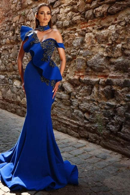 Belle robe de bal longue bleu royal en forme de sirène avec perles et volants