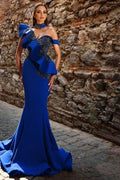 Belle robe de bal longue bleu royal en forme de sirène avec perles et volants