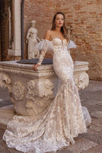 Magnifiques robes de mariée longues sirène en tulle sans bretelles avec broderie