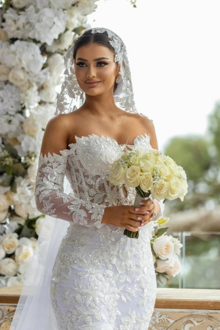 Lindo vestido de noiva longo branco sereia ombro a ombro renda glitter com mangas compridas