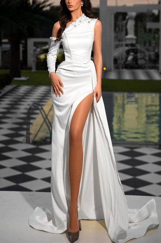 Hermosos vestidos de noche largos blancos de un solo hombro con lentejuelas y abertura