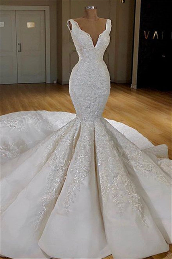 Hermoso vestido de novia de encaje de sirena en oferta con tirantes, magníficos vestidos de novia con cola larga