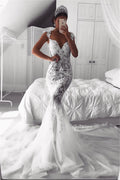 Abito da sposa con spalline da sirena, tulle trasparente, senza maniche, applicazioni, abbigliamento nuziale
