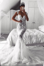 Abito da sposa con spalline da sirena, tulle trasparente, senza maniche, applicazioni, abbigliamento nuziale