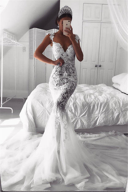 Hermoso vestido de novia con tirantes de sirena, tul transparente, sin mangas, apliques, ropa de novia