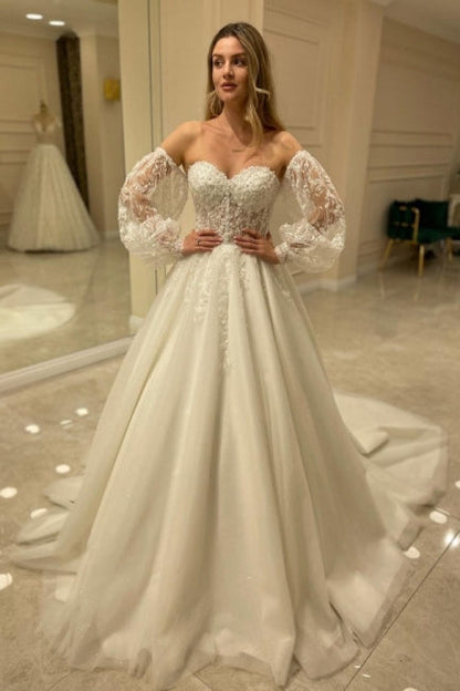 Wunderschöne schulterfreie A-Linien-Brautkleider mit Spitze 