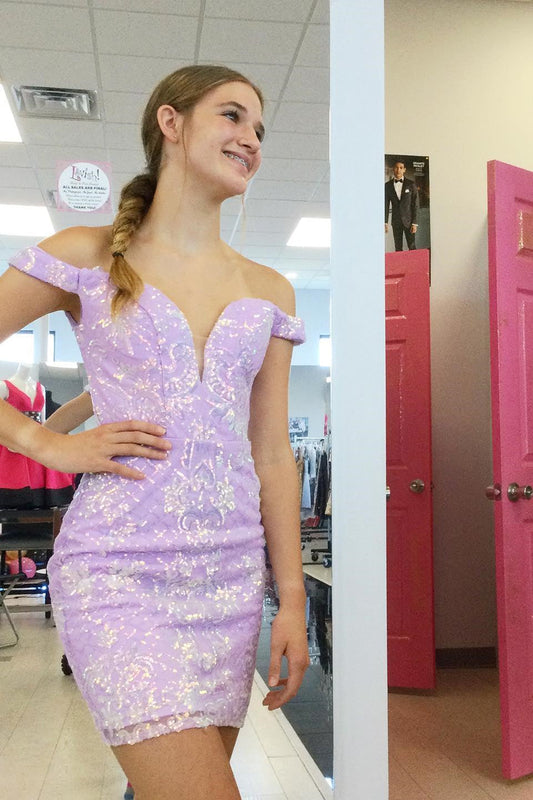 Wunderschönes schulterfreies lilafarbenes Homecoming-Kleid mit V-Ausschnitt und Spitze