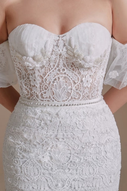Hermosos vestidos de novia de encaje hasta el suelo, sin mangas, estilo sirena, con hombros descubiertos y apliques 
