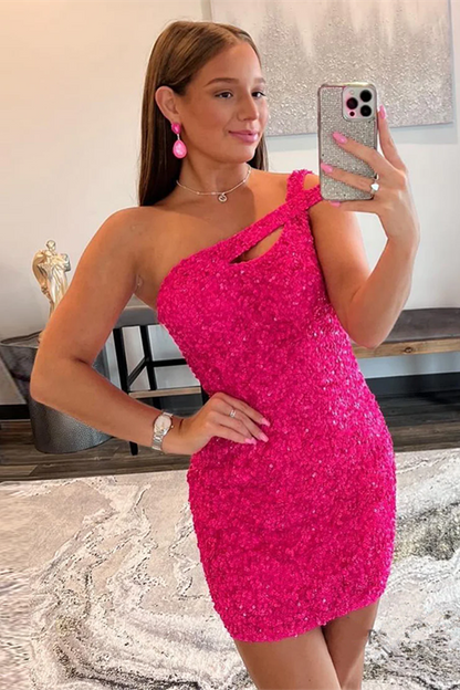 Hermosos vestidos de fiesta cortos sin mangas con lentejuelas y un solo hombro