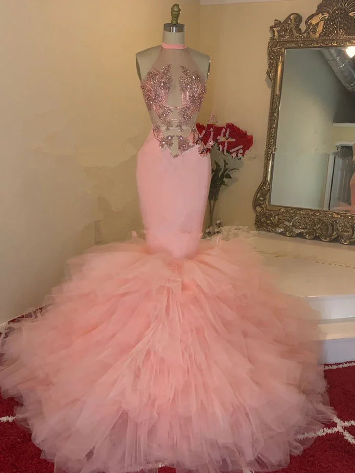 Bellissimi abiti da sera rosa con pizzo, collo alto, senza maniche, lunghi fino a terra, a sirena