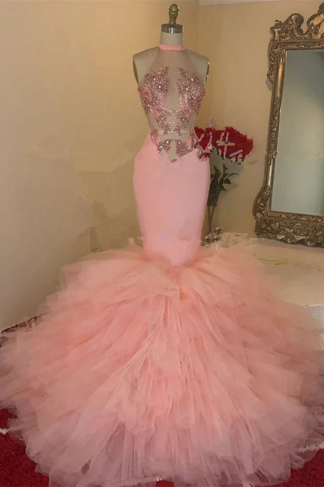 Bellissimi abiti da sera rosa con pizzo, collo alto, senza maniche, lunghi fino a terra, a sirena