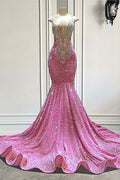 Bellissimo abito da sera rosa con paillettes, senza maniche, con spalline, lungo fino a terra, con perline, modello sirena