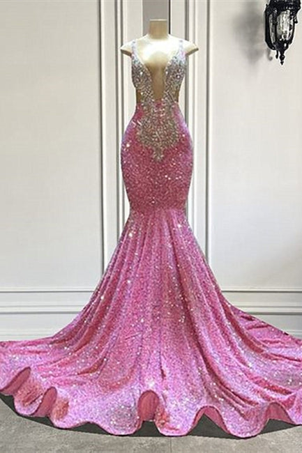 Hermoso vestido de fiesta de sirena con lentejuelas rosas, sin mangas, tirantes y cuentas hasta el suelo