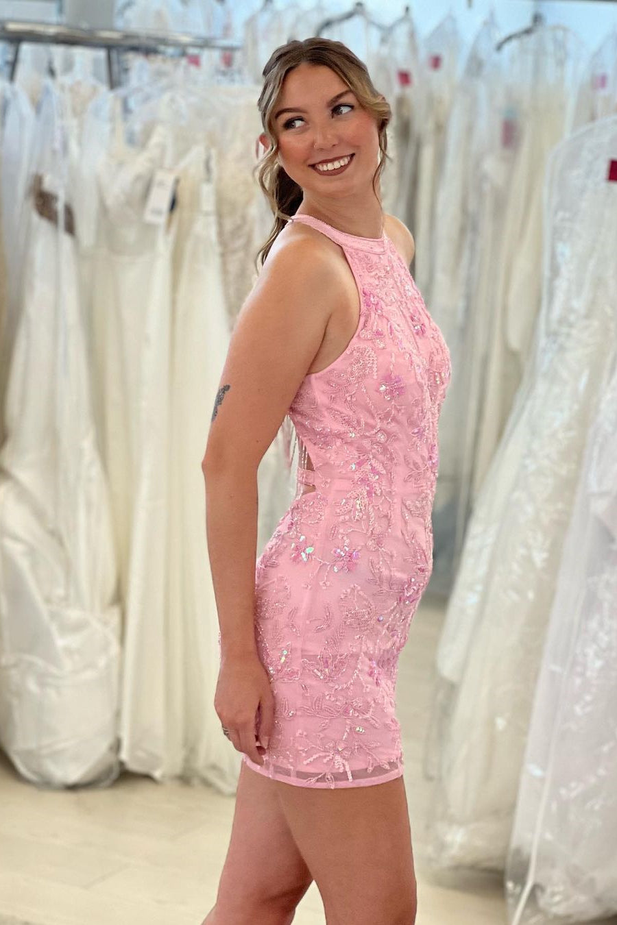Beautiful Pink Sleeveless Halter Backless Homecoming Dress With Lace
