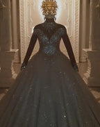 Magnifiques robes de mariée princesse en ligne A avec dentelle et bijoux, manches longues