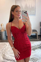 Beautiful Red Spaghetti Straps Sleeveless Short Homecoming Dresses With Lace