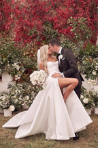 Belle robe de mariée blanche simple en ligne A avec fente latérale