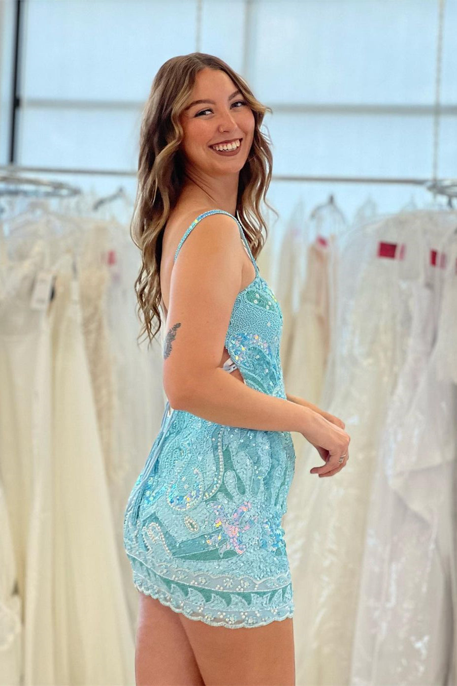 Beautiful Spaghetti Straps Backless Sleeveless Homecoming Dress With Lace