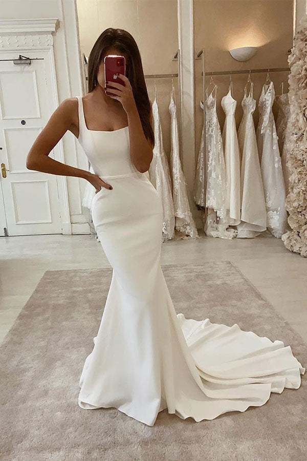 Belle robe de mariée longue à fines bretelles
