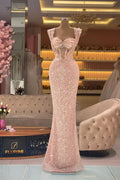 Bellissimo Abito da Sera Rosa Senza Maniche con Paillettes a Forma di Sirena