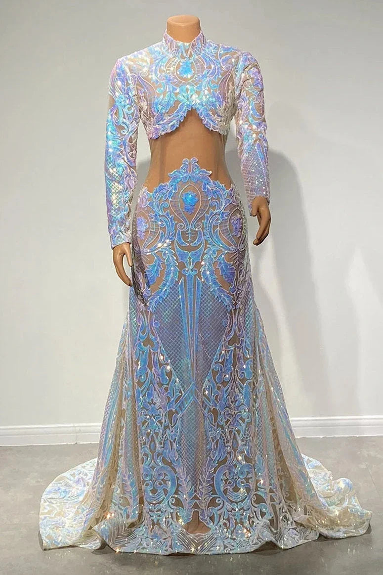 Magnifiques robes de bal deux pièces à col montant, manches longues, longueur au sol, coupe en A
