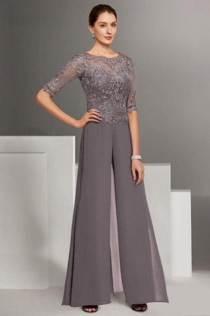 Beautiful Two Pieces Mother of The Bride Dress Chiffon Scoop Half Sleeve Bridesmaid Dresses With Appliques