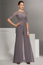 Beautiful Two Pieces Mother of The Bride Dress Chiffon Scoop Half Sleeve Bridesmaid Dresses With Appliques