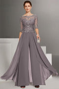 Beautiful Two Pieces Mother of The Bride Dress Chiffon Scoop Half Sleeve Bridesmaid Dresses With Appliques