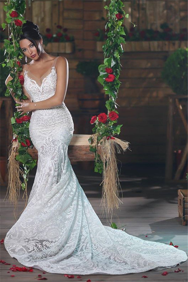 Hermoso vestido de novia de sirena con escote en V, largo, impresionante, con encaje, espalda abierta, tirantes de tul, ropa de novia