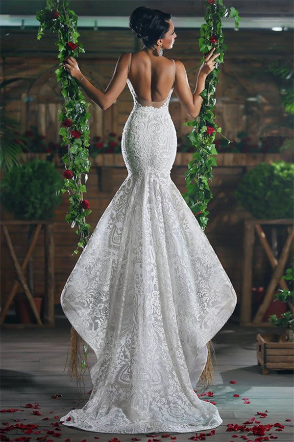 Hermoso vestido de novia de sirena con escote en V, largo, impresionante, con encaje, espalda abierta, tirantes de tul, ropa de novia
