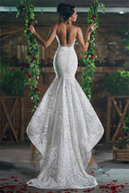Hermoso vestido de novia de sirena con escote en V, largo, impresionante, con encaje, espalda abierta, tirantes de tul, ropa de novia