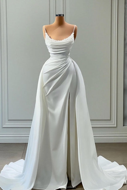 Beautiful White Long A-line Spaghetti Straps Wedding Dresses With Beads