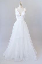 Beautiful White Long A-line V-neck Tulle Backless Wedding Dress