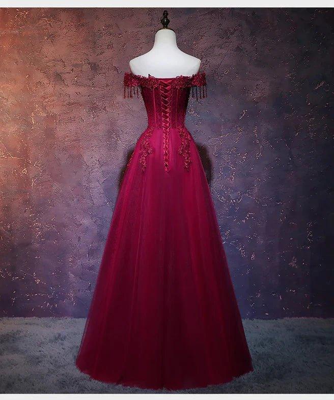 Belle robe longue de bal en tulle rouge vin à décolleté cœur, robe de soirée évasée