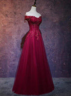 Belle robe longue de bal en tulle rouge vin à décolleté cœur, robe de soirée évasée