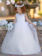 Floor Length V Neck Satin Tulle Princess Flower Girl Dress